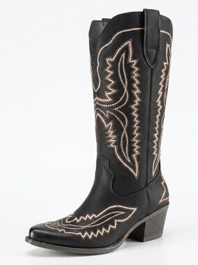 Women's Brown Polyurethane Cowgirl Square Toe boots Chunky Heel Mid-Calf Boots